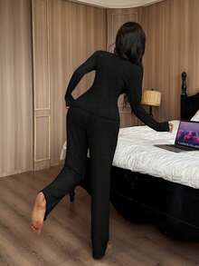 2pcs Women Ribbed Bowknot V-Neck Long Sleeve Top And Flare Pants Brushed Loungewear Clothes Set, Casual Sleepwear Suitable For Autumn/Winter - Black - View 2