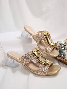 Teenage Girls' Square Toe High Heel Sandals With Metal Buckle Glitter Decoration, Fashionable & Comfortable Chunky Heel Slides Suitable For Outdoor Party, Prom, Casual Wear