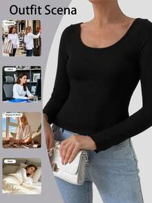 女士冬季长袖上衣保暖内衣打底衫压缩衣秋季保暖服圆领修身高弹力女士打底衫透视上衣休闲纯色冬季 - 黑色 - 查看 5