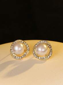 4 件套优雅珍珠镶嵌项链戒指耳环首饰套装适合女士婚礼派对 - 金色 - 查看 4