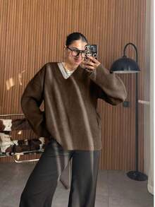 Women's Solid Color Ribbed Knit Pullover Sweater, Fashionable And Elegant, Loose Fit, Autumn/Winter - Coffee Beans - View 6