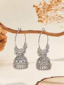 1 Đôi Hoa tai vòng sang trọng, Hoa tai Jhumka đính đá thời trang thanh lịch có chuông và tua rua, Trang sức truyền thống phù hợp cho trang phục hàng ngày của phụ nữ, Lễ hội, Đám cưới và Tiệc tùng/Quà tặng trang sức - Cổ điển - Xem 2