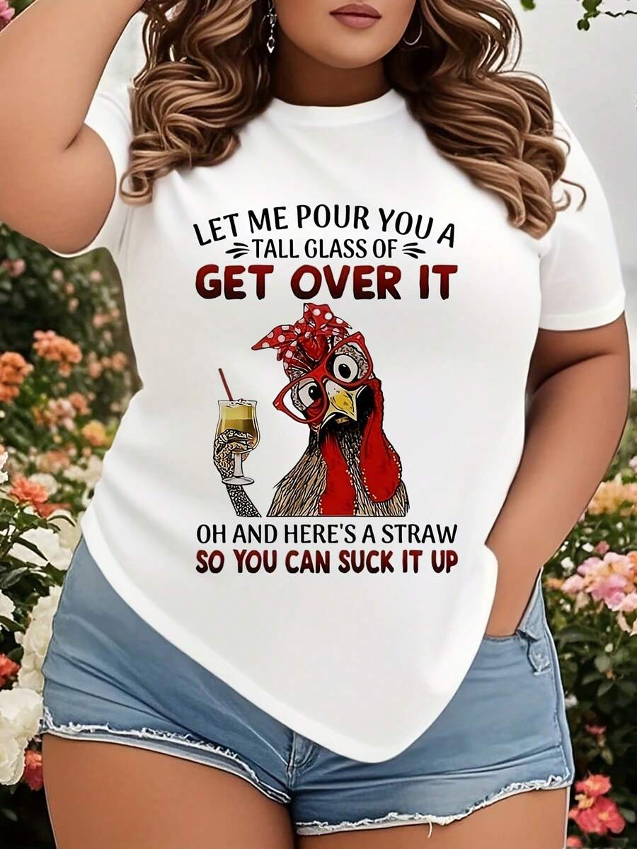 Funny Chicken T-Shirt Let Me Pour You A Tall Glass Of Get Over It With Straw Graphic, Humorous Women's Casual Top For Everyday Wear, Perfect Gift For Chicken Lovers And Comedy Fans - trắng - Xem 1