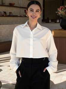 Livesso Solid Drop Shoulder Shirt,Fall Women Clothes Long Sleeve Top - White - View 2