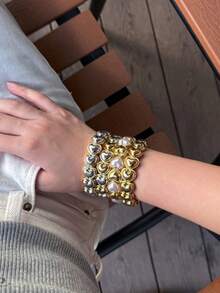 1 pieza Pulsera elástica minimalista y elegante con combinación de corazón de oro, plata y perla, adecuada para hombres y mujeres para uso diario y reuniones