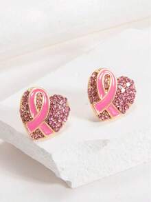 1 par de pendientes elegantes y minimalistas de alta gama con forma de corazón y cristales de color rosa, cuidando la salud de la mujer