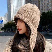 Autumn Winter Gentle Style Knitted Earflap Hat With Tassel Decoration, Warm Face-Slimming Cold Hat, Autumn Winter Cold-Proof Warm Earflap Knitted Hat, Outdoor Tie-Up Head Wrap Versatile Pullover Hat - Màu Đỏ Sâu - Xem 4