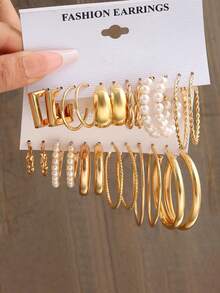 48/24/12pcs Elegant Metal Earring Set For Women, Faux Pearl Earrings, Geometric C-Shaped Stud Earrings, Suitable For Daily Wear, Parties, Holidays, Gift Set