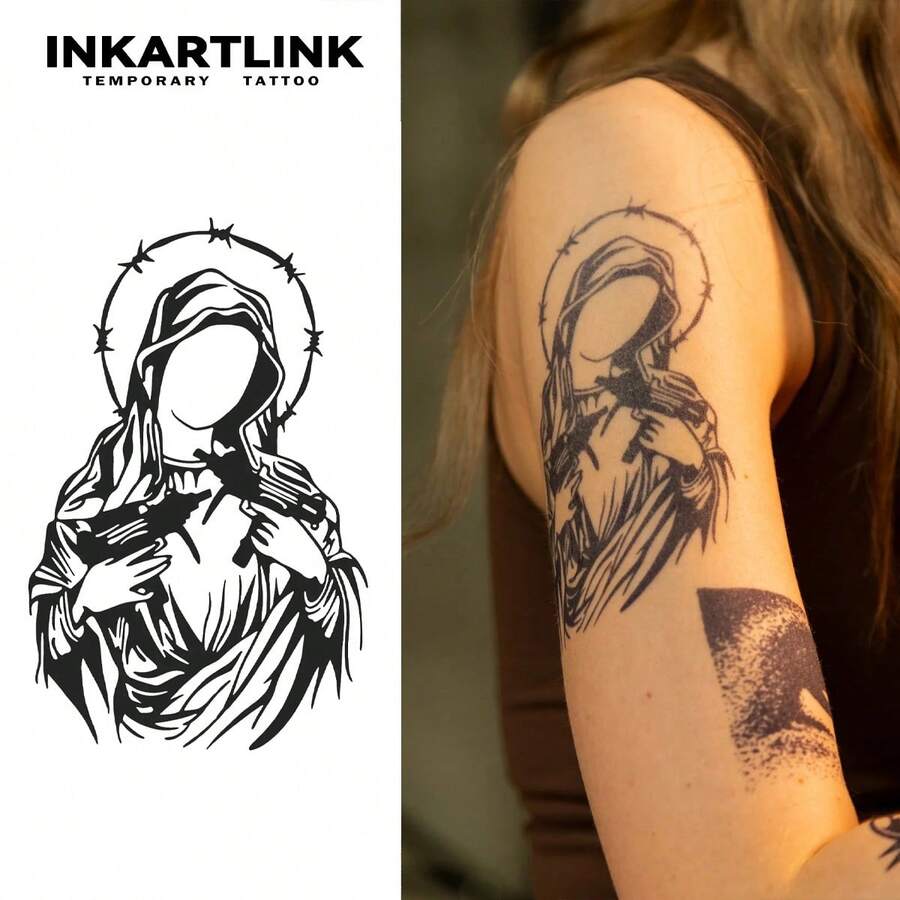 INKARTLINK 圣母玛利亚女神草药汁纹身 魔法纹身 15天纹身 半永久纹身 逼真假纹身 持续1-2周 - 黑色 - 查看 1