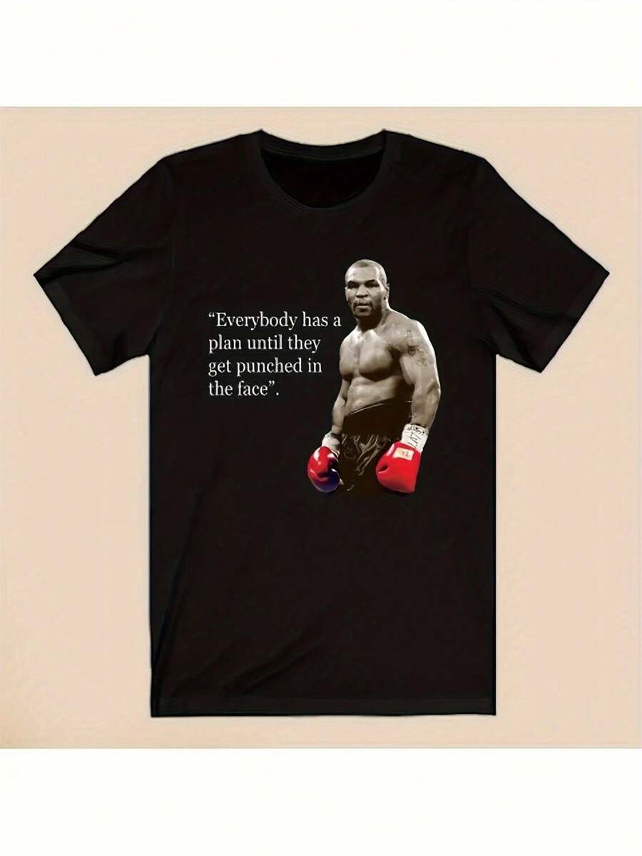 Men's Nobody Has A Plan Until They Get Punched In The Mouth Boxing Graphic T-Shirt - 220g Heavyweight Cotton Crewneck Tee With Red Gloves Design, Black With White Print, Regular Fit Short Sleeve For Casual & Sports Wear, Motivational Apparel, Sports Fan Clothing, Boxing Theme Shirt, Comfortable Fit - 黑色 - 查看 1
