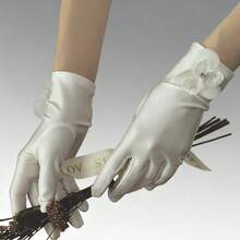 Guantes de novia de satén sólido con decoración floral 3D, guantes de satén suaves y sedosos para la novia, sin enganches, gruesos y cálidos para bodas de otoño/invierno, cortos de color marfil con flores