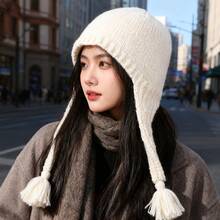 Autumn Winter Gentle Style Knitted Earflap Hat With Tassel Decoration, Warm Face-Slimming Cold Hat, Autumn Winter Cold-Proof Warm Earflap Knitted Hat, Outdoor Tie-Up Head Wrap Versatile Pullover Hat - Màu Đỏ Sâu - Xem 7