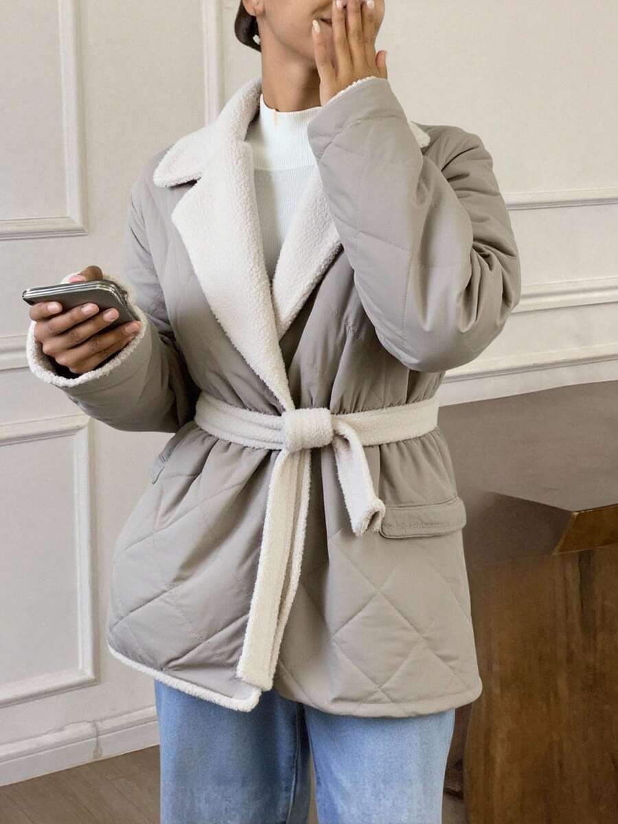 Livesso Women's Quilted Padded Coat With Contrast Color Belt, Lapel Collar, Autumn/Winter Jacket - Apricot - View 1