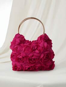 Clariva Elegant Rose Flower Evening Clutch Bag, Women's Formal Party Handbag, Sweet Girl Hand-Held Bag, Solid Color Bucket Bag, Bridal Handbag (Pattern Random), Exquisite Floral Bag For Women Gifts - Hot Pink - View 4