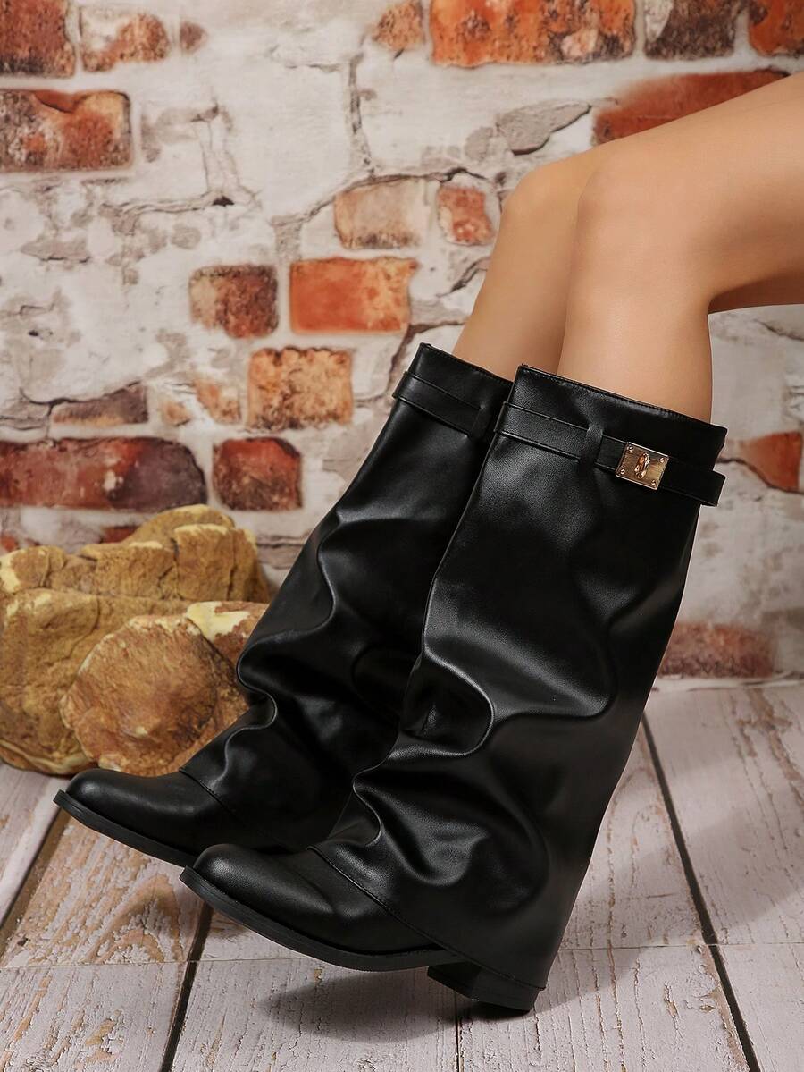 女士冬季靴、黑色靴子、翻边靴、秋季靴、过膝长靴、尖头高跟靴、宽筒靴、高筒靴 - 黑色 - 查看 1