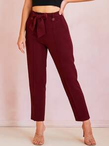 Pantalón de Mujer Tiro Alto con Moño en la Cintura.  Estilo Elegante. - Burdeos - Ver 1
