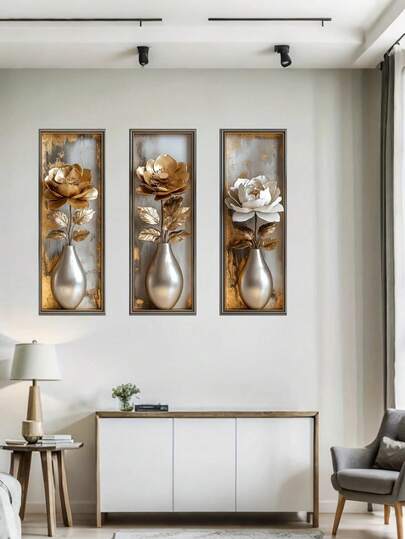 Adesivo de parede decorativo criativo de vaso de prata com flores douradas, 1 a 3 peças, adesivos decalque à prova d'água, adesivos de PVC, fáceis de colar e remover, para decoração de casa, decoração de banheiro, itens de quarto, decoração de sala de estar, decoração de sala de estudo, decoração de sala de estar, escritório, oficina e outras áreas