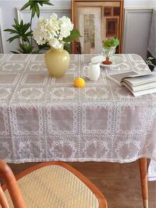 1pc Romantic Elegant White Exquisite Embroidered Rectangular Tablecloth, French Relief Embroidery Tablecloth, Polyester Fiber, Vintage Palace Style Coffee Table Dining Tablecloth, For Wedding, Home Decor, Birthday, Hawaiian Theme, Atmospheric American Background Cloth - White - View 1