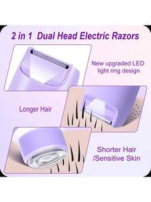 女士比基尼修剪器，电动剃须刀，双头两用型毛发修剪器，IPX7级防水，干湿两用，女士电动剃毛器，适用于腿部和腋下，可拆卸刀头，电池容量400mAh