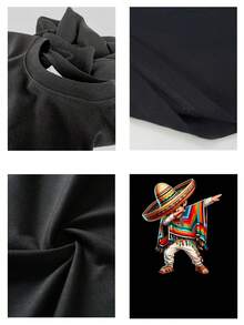 Camiseta casual de verano para hombre, diseño de poncho mexicano vibrante y colorido, estampado único de sombrero, camiseta gráfica elegante y cómoda, perfecta para fiestas o uso diario. - Negro - Ver 4