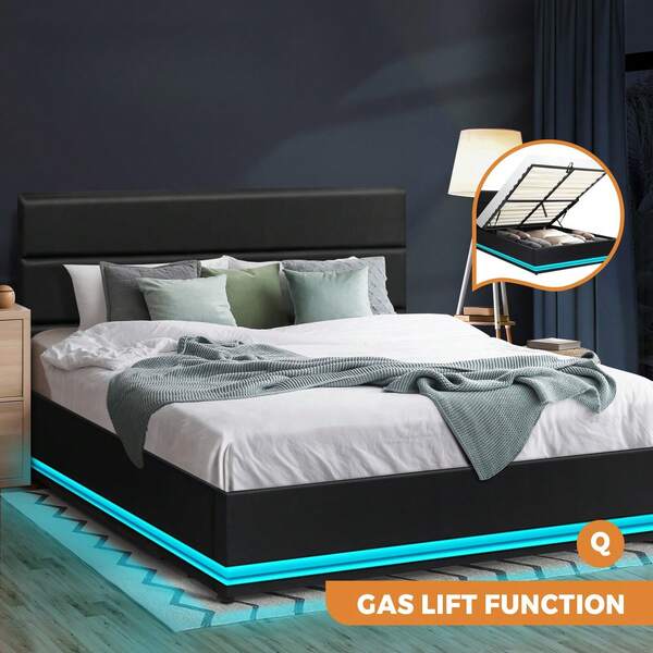 SUN YEE Bed Frame Queen Size Gas Lift Base With Storage Black Leather