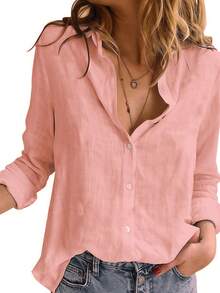 Women's Cotton Linen Blouse Long Sleeves Plus Size - Hồng - Xem 12