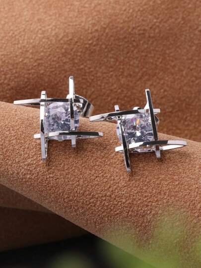 1 Pair White K-Plated Earrings With Embedded White Cubic Zirconia, Basic 3D Hoop Earrings