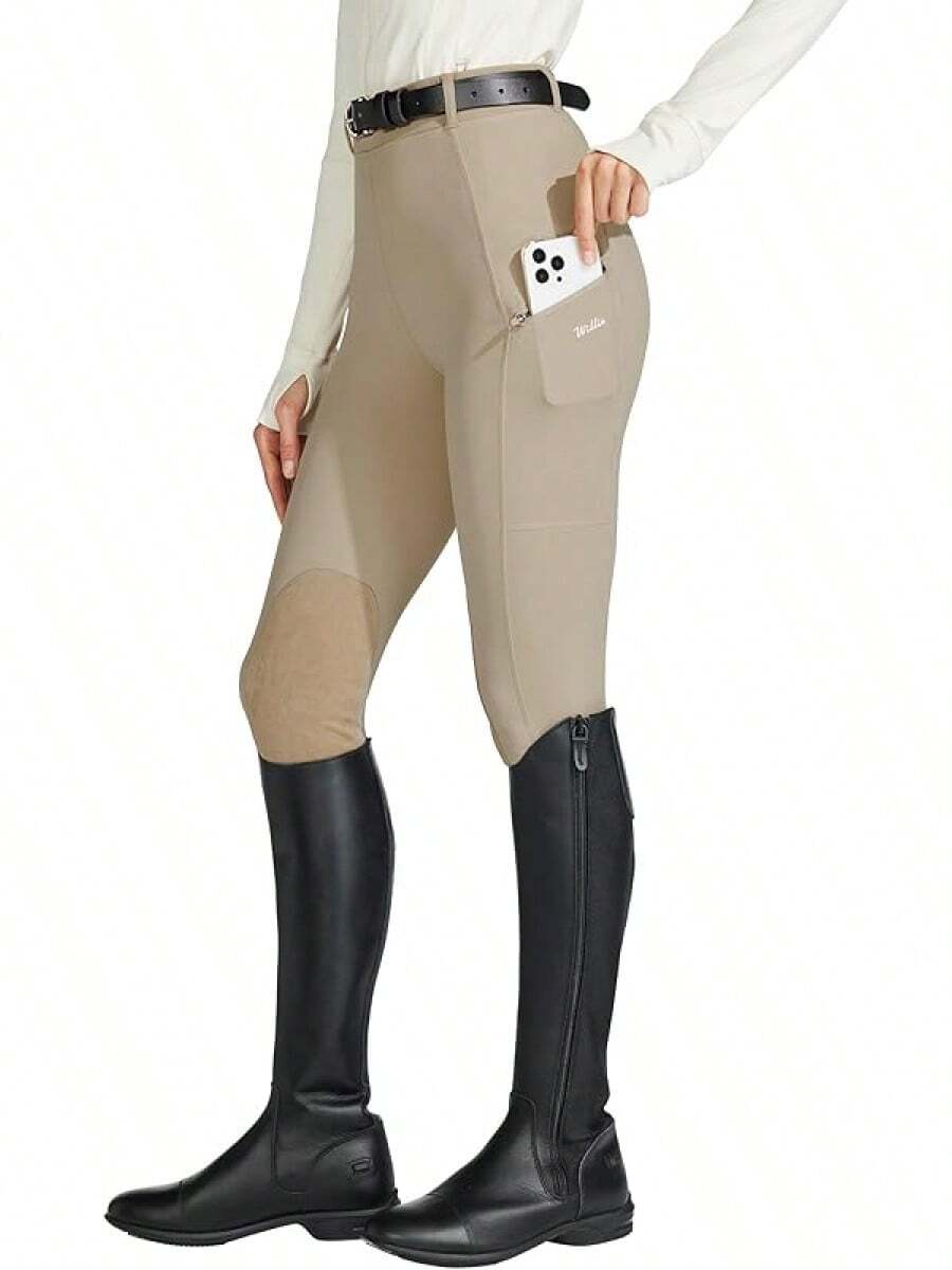 Willit Women's Horse Riding Pants Knee-Patch Equestrian Breeches Horseback Schooling Tights Zipper Pockets - Khaki - View 1