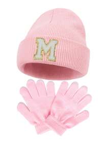 3pcs Knitted Hat And Gloves Set, Embroidered With Personalized A-Z Letters, Infant Knit Beanie, Toddler Kids Knit Hat With Pom Pom, Suitable For Baby Boys And Girls - Pink - View 9
