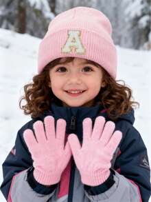3pcs Knitted Hat And Gloves Set, Embroidered With Personalized A-Z Letters, Infant Knit Beanie, Toddler Kids Knit Hat With Pom Pom, Suitable For Baby Boys And Girls - Pink - View 3