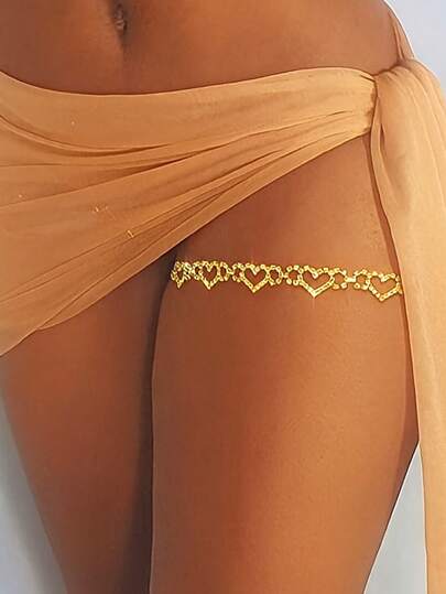 1 pieza Cadena de muslo de corazón hueco con strass plateado, joyería corporal para mujeres, adecuada para fiestas, galas y desfiles