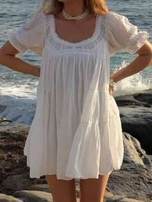 Women Puff Sleeve Babydoll Mini Dress Y2K Lace Trim Square Neck Flowy Mini Dress Bow Tie Ruffle A Line Short Dress Summer Loose Swing Going Out Sundress - 白色 - 查看 3