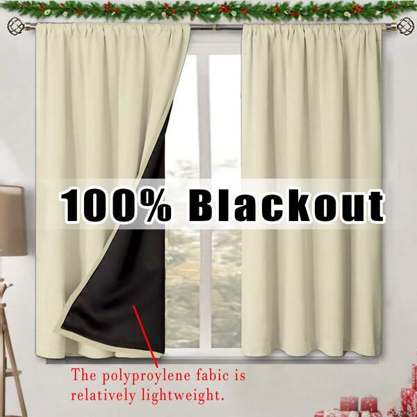 1pc Minimalist Beige Blackout Curtain With Pockets, Black Blackout Coating, Soundproof And Heat Insulation, Lightweight Polyester Fabric, Easy Care, For Room Darkening, Light-Sensitive People, Bedroom, Living Room, Office, Kitchen