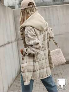 Damska kurtka w kratę z kapturem, luźny płaszcz z wełny w modnym stylu