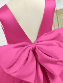 Tween Girl Elegant Faux Pearl Bow Tulle Fuchsia Dress, Suitable For Wedding, Birthday Party, Prom, Graduation, Christmas - Hot Pink - View 6