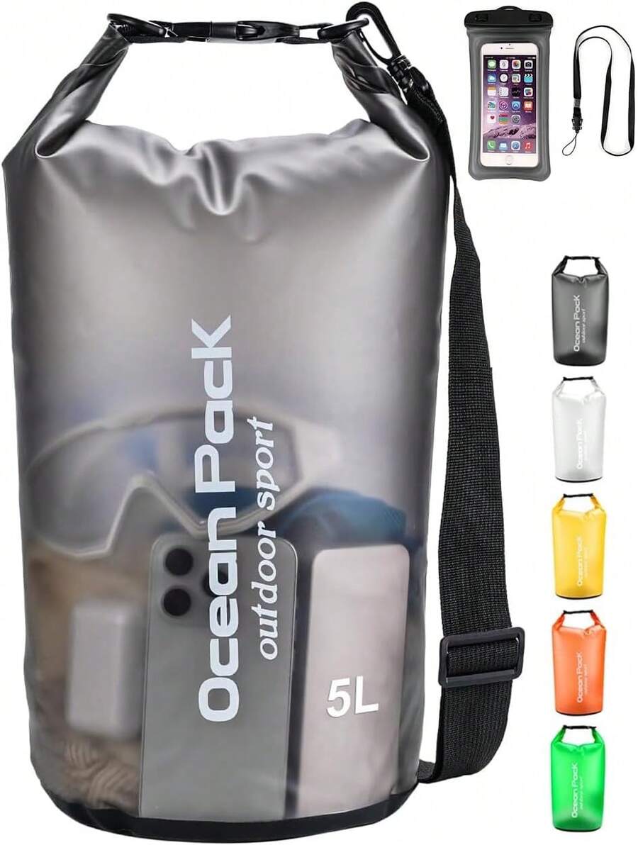 Bolsa Impermeable, Bolsa Seca 20L 10L 5L con Funda Impermeable para Teléfono, Correa de Hombro Larga Ajustable, Mochila Impermeable para Deportes Acuáticos y Senderismo - Amarillo - Ver 1