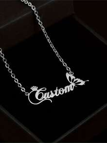 1pc Customized Crown & Butterfly Name Necklace - Elegant Stainless Steel Jewelry With Personalized Pendant, Suitable For Birthday, Holidays And Casual Wear