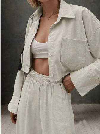 2 件套女式套装：纯色衬衫领纽扣前短款上衣和松紧腰阔腿裤