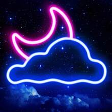 USB Powered LED Neon Sign - Cloud & Moon Design, Polished Metal Surface, Vibrant Pink-Blue Lighting, Suitable For Bedroom, Wedding & Party Wall Decor, Enhances Party Atmosphere | Decorative Lighting | Neon Display, Neon Sign For Wall Decor - Multi-color light - View 1