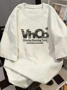 A Round Neck Short Sleeve T-Shirt With A Stylish White Lettering Print, A Loose Top That Goes Well With Summer Fashion - 淺灰色 - 查看 1