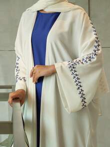 1pc Elegant Embroidered Cuff Simple & Dignified Hijab + Open Abaya, Arabic Embroidered Long Robe Fashion Outerwear Abaya, Suitable For Women's Daily Wear, All Season - 彩色 - 查看 9