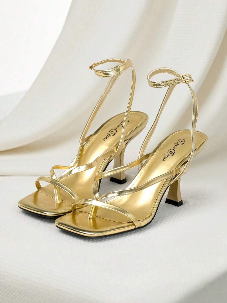 Clariva Women Gold High-Heeled Sandals With Square Toe And Strap Clips, Sexy, Elegant And Comfortable High-Heeled Sandals Winter Gifts - Gold - View 1