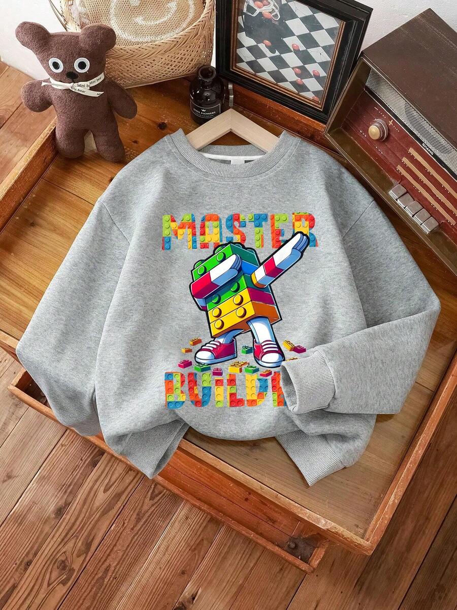 青少年男孩休闲简约酷炫积木机器人图案套头衫圆领长袖毛衣秋冬新款男童衣服儿童 - 灰色 - 查看 1