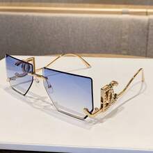 Women's Luxury Designer Glasses - Frameless Square Style, Dark Lenses, Gold - Non-Prescription For Daily And Formal Wear, Suitable For Parties, Office, Photography - Modern Minimalist Fashion Accessories, Summer , Retro Aesthetics, Exquisite Details, Fashion Frame, Must-Have For  Enthusiasts - 藍色 - 查看 10