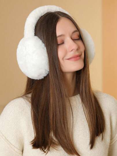 1pc Women's Foldable Cycling Thermal-Lined Windproof Warm Travel Anti-Freeze Earmuffs, Cute Outdoor Furry Ear Warmers For Winter White Ear Muffs