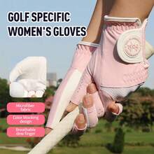 女士超细纤维布 PU 皮革高尔夫手套，透气网眼，防滑，撞色设计 - 粉色 - 查看 3