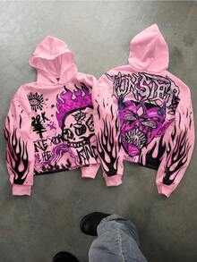 Men's Spring/Fall Y2K Niche Graffiti Abstract Print Couple's Oversized Casual Versatile Hoodie - Pink - View 3