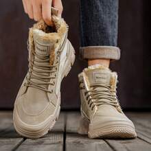 Men's Winter High-Top Boots - Warm Thermal Lined, Paired With Thick Rubber Sole, Lace-Up Casual Style, White And Beige, Perfect Choice For Comfortable Wear In Cold Weather, Winter Boots