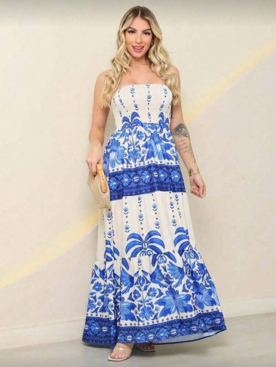 Women's Strapless Tropical Print Dress - Màu xanh lam - Xem 1