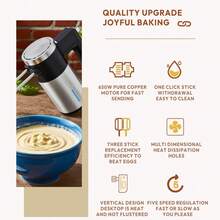 SOKANY 02041 三合一多功能手持搅拌机，650W 大功率纯铜电机，5档速度调节 + 点动功能，一键快速拆卸（3秒快速取下），3D立体散热，防止过热，垂直收纳节省空间，适用于揉面、打发、混合，是家庭和商业烘焙的理想之选。 - 查看 5